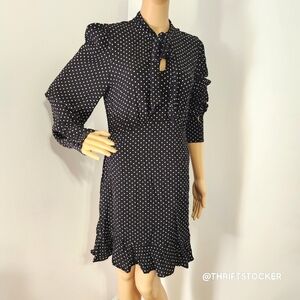 Black Polka Dot Long Sleeve Dress With Neck Tie